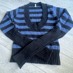 Laura Seymour Wool Striped V-Neck Sweater Black blue extended sleeve sweater L